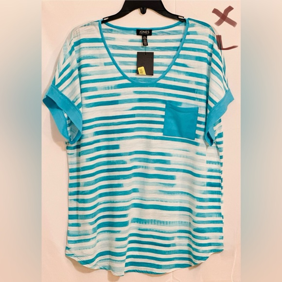 Jones New York Tops - LADIES AQUA BLUE & WHITE STRIPED TOP